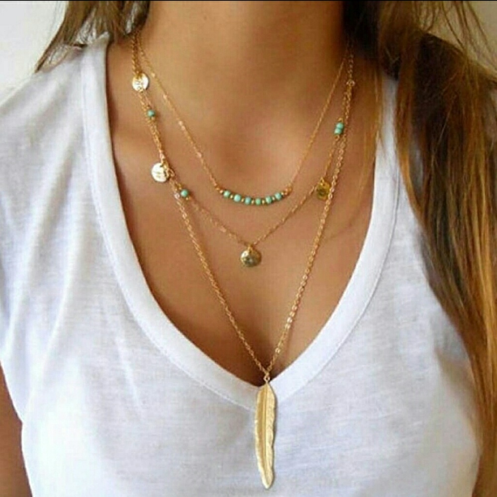 3 Layer Gold Feather Necklace